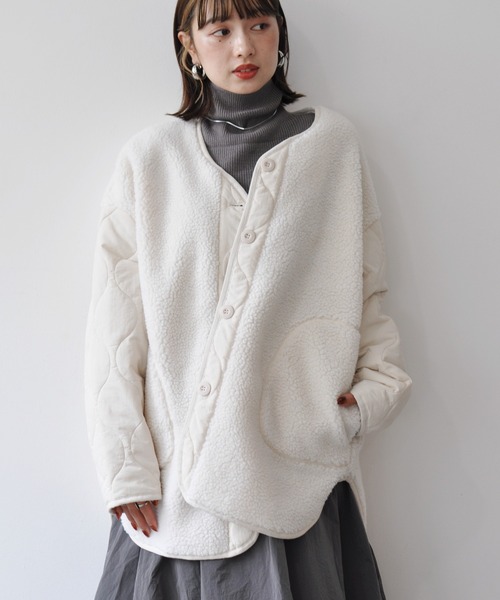 【セール】袖キルト切替ノーカラーボアジャケット（ノーカラージャケット）｜Meli rich（メリーリッチ）