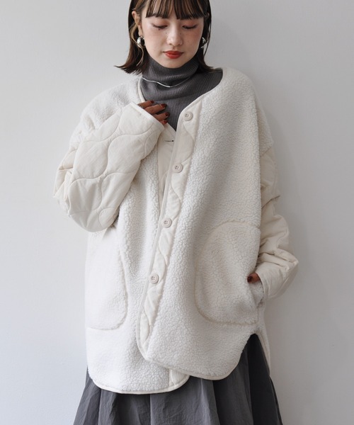 【セール】袖キルト切替ノーカラーボアジャケット（ノーカラージャケット）｜Meli rich（メリーリッチ）