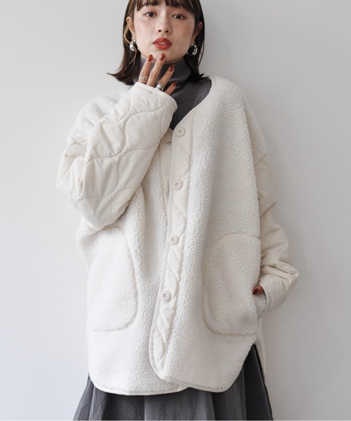 【セール】袖キルト切替ノーカラーボアジャケット（ノーカラージャケット）｜Meli rich（メリーリッチ）