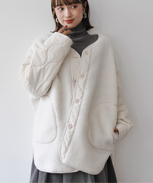 【セール】袖キルト切替ノーカラーボアジャケット（ノーカラージャケット）｜Meli rich（メリーリッチ）