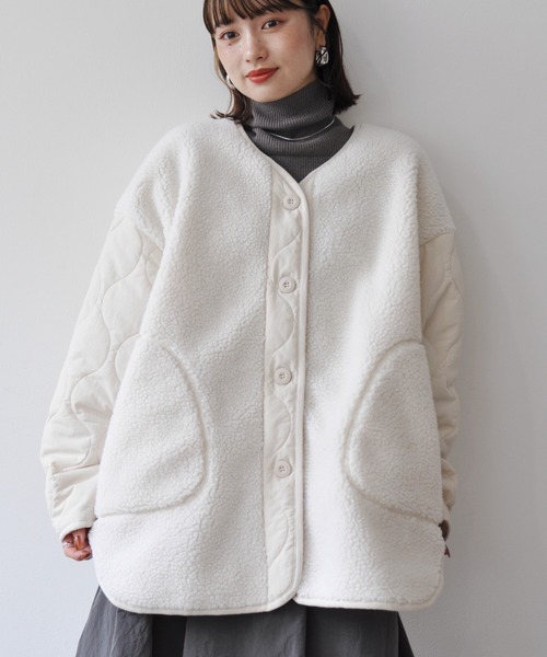 【セール】袖キルト切替ノーカラーボアジャケット（ノーカラージャケット）｜Meli rich（メリーリッチ）