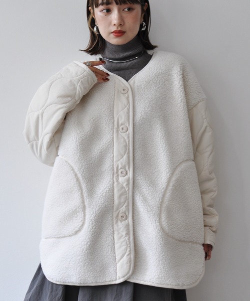 【セール】袖キルト切替ノーカラーボアジャケット（ノーカラージャケット）｜Meli rich（メリーリッチ）
