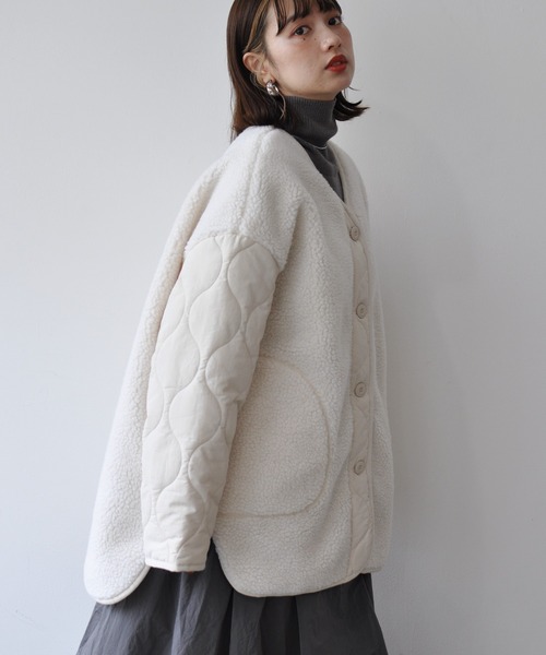 【セール】袖キルト切替ノーカラーボアジャケット（ノーカラージャケット）｜Meli rich（メリーリッチ）