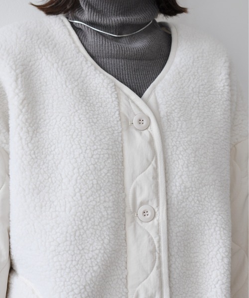 【セール】袖キルト切替ノーカラーボアジャケット（ノーカラージャケット）｜Meli rich（メリーリッチ）