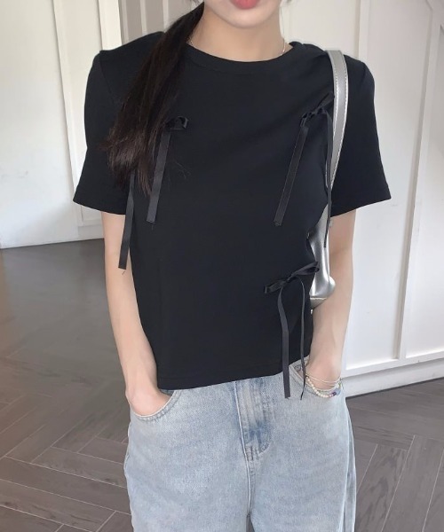 Vipoa(ヴィポア)の「lace ribbon tee(Tシャツ/カットソー・レディース・ブラック/グレー・FREE)」の12枚目の写真