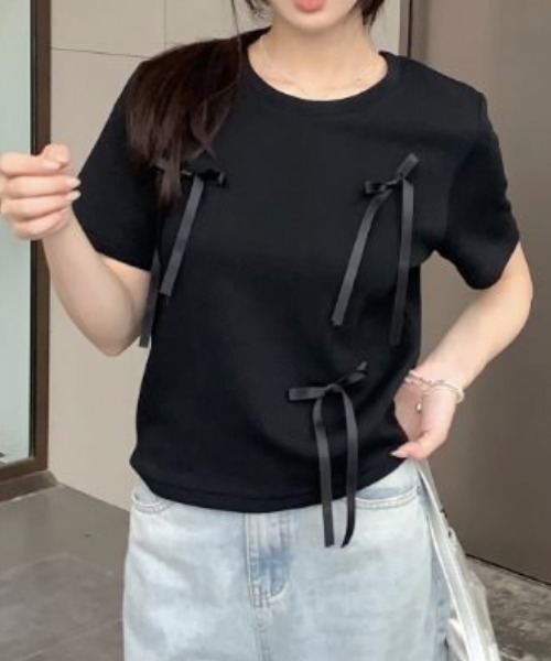 Vipoa(ヴィポア)の「lace ribbon tee(Tシャツ/カットソー・レディース・ブラック/グレー・FREE)」の6枚目の写真