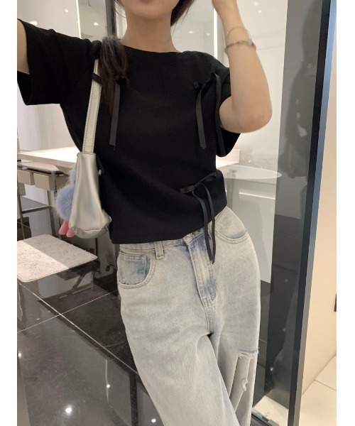 Vipoa(ヴィポア)の「lace ribbon tee(Tシャツ/カットソー・レディース・ブラック/グレー・FREE)」の3枚目の写真