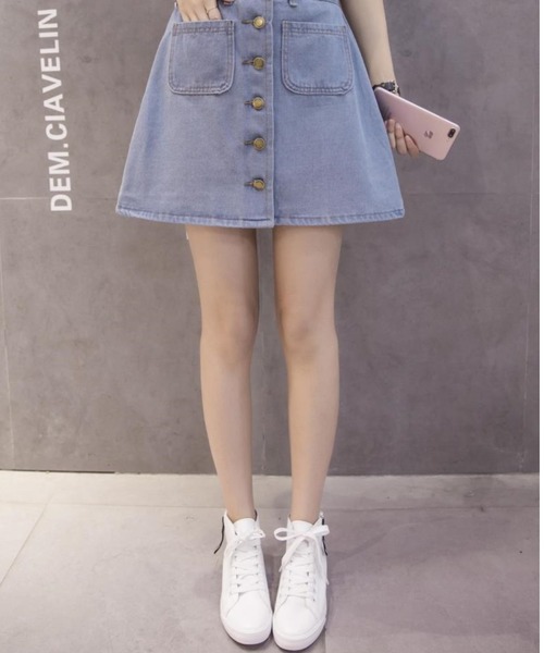 almo(アルモ)の「フロントボタン デニムミニスカート(BL)(スカート・レディース・ブルー/サックスブルー・LARGE/MEDIUM/SMALL)」の1枚目の写真