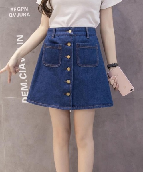 almo(アルモ)の「フロントボタン デニムミニスカート(BL)(スカート・レディース・ブルー/サックスブルー・LARGE/MEDIUM/SMALL)」の2枚目の写真