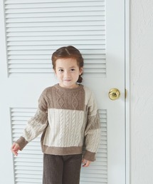 knit brary パッチワークセーター M ネイビー系 手編みパッチワークニットプルオーバー