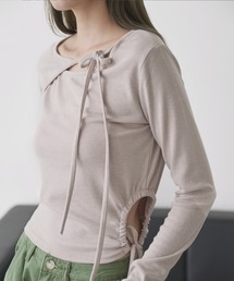 【UNE ORIGINAL】サイドホール絞りシャーリングリボンロングTシャツカットソー