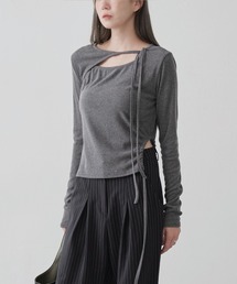 【UNE ORIGINAL】サイドホール絞りシャーリングリボンロングTシャツカットソー