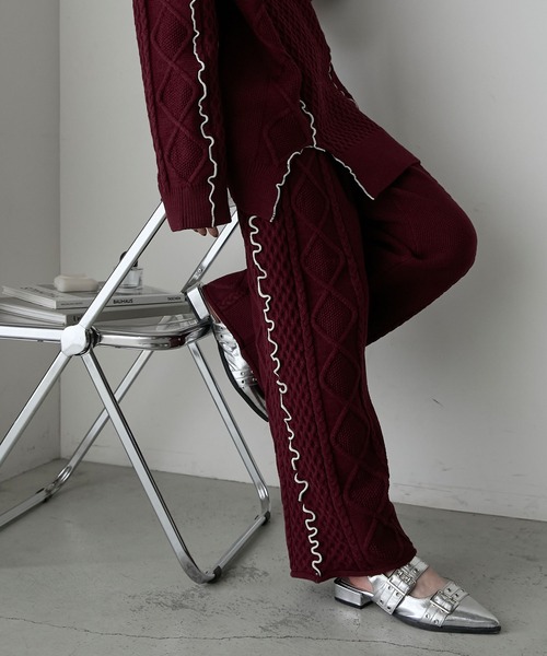 forksy.(フォルクシー)の「【forksy.】【セットアップ対応】メロー配色ステッチケーブルニットパンツ(その他パンツ・レディース・ブラック/アイボリー/杢グレー/バーガンディー・FREE)」の4枚目の写真