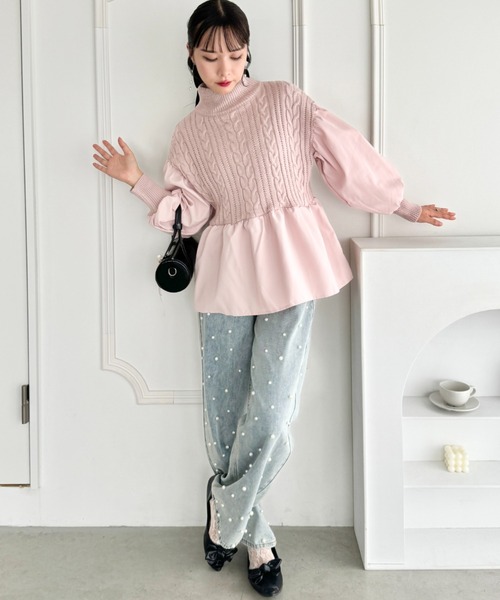 セール】ペプラムドッキングハイネックケーブルニット（ニット