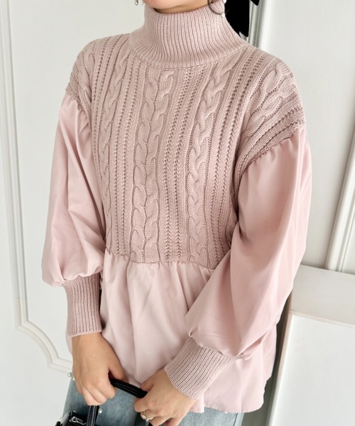 セール】ペプラムドッキングハイネックケーブルニット（ニット