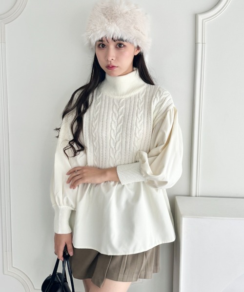セール】ペプラムドッキングハイネックケーブルニット（ニット