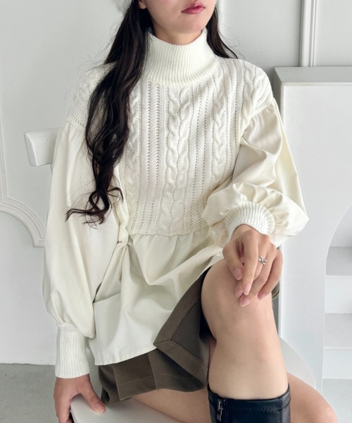 セール】ペプラムドッキングハイネックケーブルニット（ニット