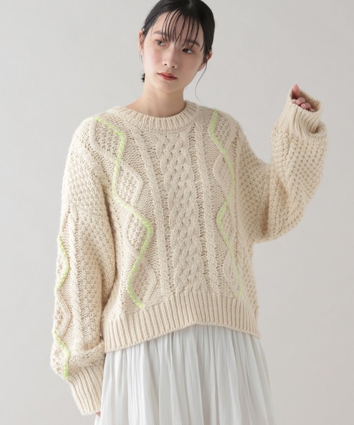 studio CLIP（スタディオクリップ）の「《natural by clip》3ゲージ配色ケーブルプルオーバー（ニット/セーター・レディース・アイボリー/チャコール・FREE）」の2枚目の写真