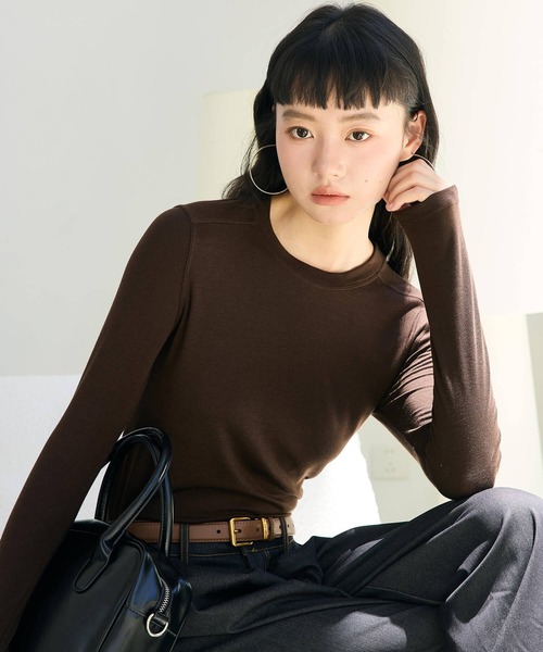 スクエアネックレースアップリブtシャツトップスレディース 長袖