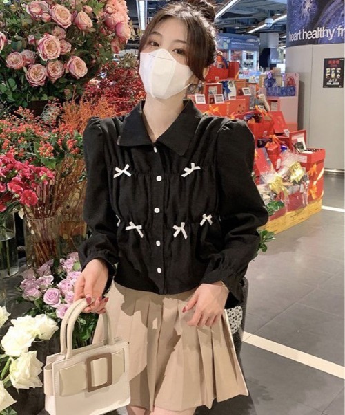 kirakiraShop（キラキラショップ）の「襟付き ギャザー リボン ブラウス（シャツ/ブラウス・レディース・ホワイト/ブラック・FREE）」の5枚目の写真