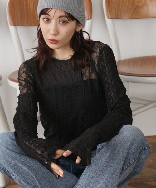 レースパッチワークシアートップス（Tシャツ/カットソー