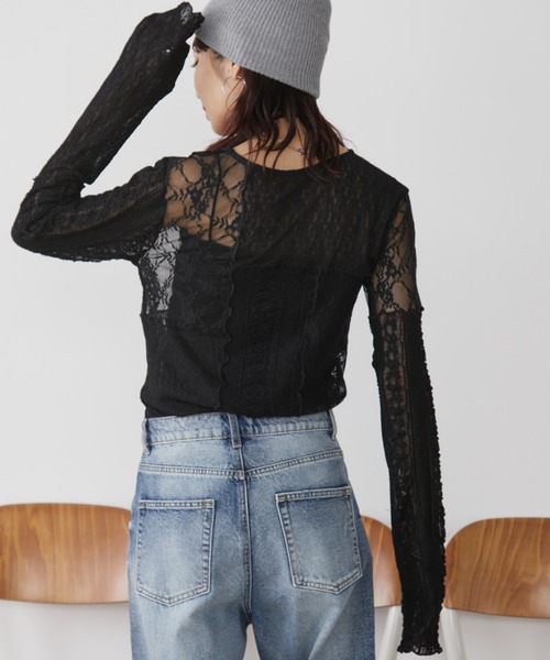 レースパッチワークシアートップス（Tシャツ/カットソー