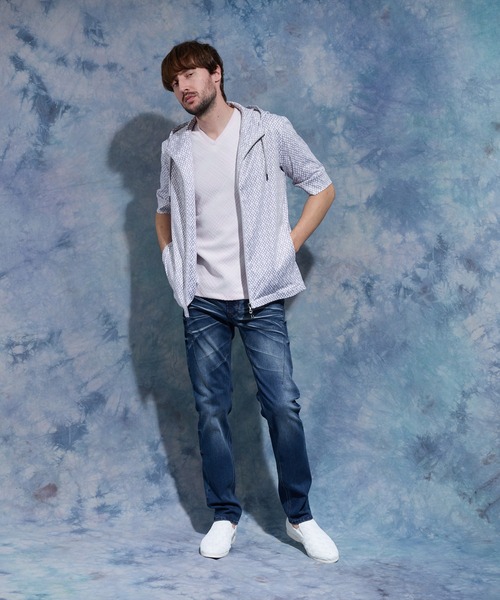 HIDEAWAYS NICOLE（ハイダウェイニコル）の「ジオメトリックプリント5分袖フードパーカー（パーカー・メンズ・オフホワイト/ネイビー/ブラック・X-LARGE/LARGE/MEDIUM）」の15枚目の写真