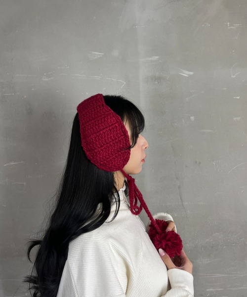 セール】ポンポンストラップ付き ニット素材 耳当て イヤーキャップ