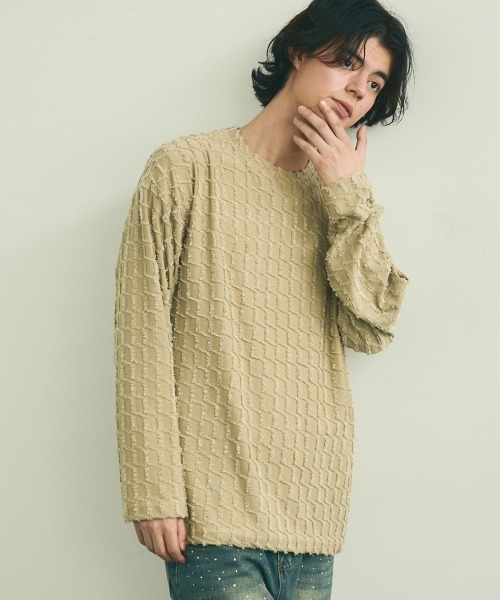 Shoowtime(ショウタイム)の「Block fringe pattern long T-shirt / ブロックフリンジパターンロングTシャツ(Tシャツ/カットソー・メンズ・ブラック/ベージュ/オフホワイト・MEDIUM/LARGE/X-LARGE)」の1枚目の写真