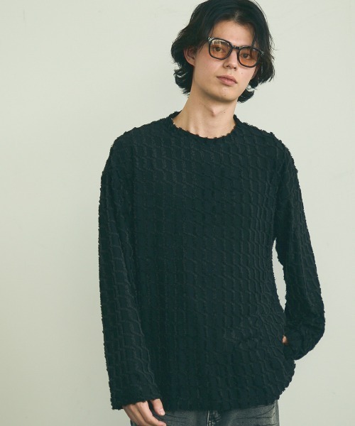 Shoowtime(ショウタイム)の「Block fringe pattern long T-shirt / ブロックフリンジパターンロングTシャツ(Tシャツ/カットソー・メンズ・ブラック/ベージュ/オフホワイト・MEDIUM/LARGE/X-LARGE)」の3枚目の写真