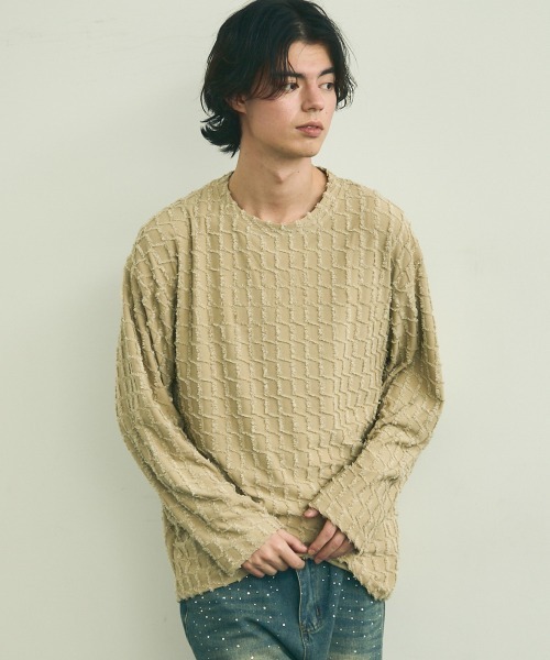 Shoowtime(ショウタイム)の「Block fringe pattern long T-shirt / ブロックフリンジパターンロングTシャツ(Tシャツ/カットソー・メンズ・ブラック/ベージュ/オフホワイト・MEDIUM/LARGE/X-LARGE)」の4枚目の写真