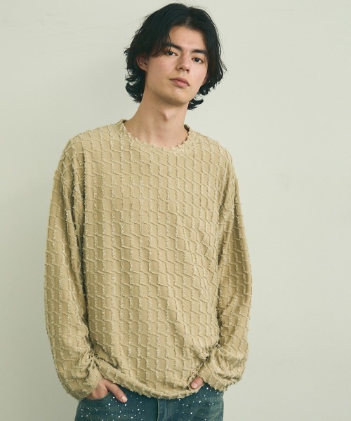 Shoowtime(ショウタイム)の「Block fringe pattern long T-shirt / ブロックフリンジパターンロングTシャツ(Tシャツ/カットソー・メンズ・ブラック/ベージュ/オフホワイト・MEDIUM/LARGE/X-LARGE)」の5枚目の写真