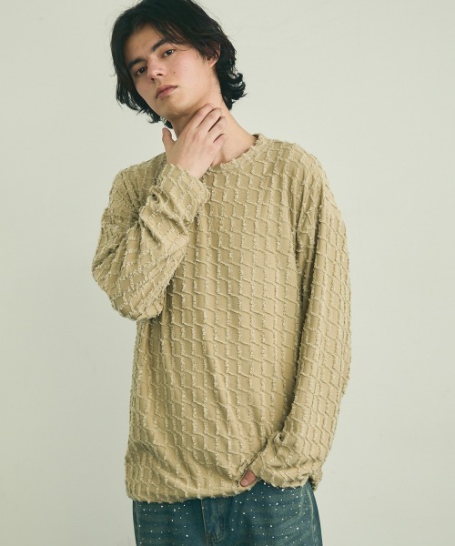 Shoowtime(ショウタイム)の「Block fringe pattern long T-shirt / ブロックフリンジパターンロングTシャツ(Tシャツ/カットソー・メンズ・ブラック/ベージュ/オフホワイト・MEDIUM/LARGE/X-LARGE)」の6枚目の写真