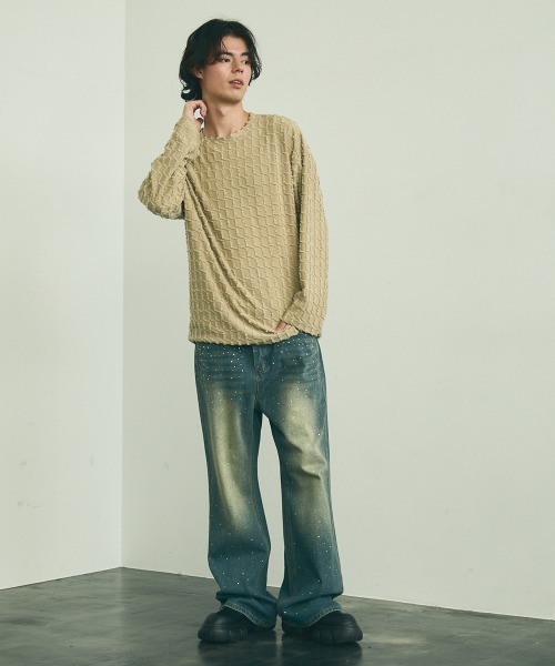 Shoowtime(ショウタイム)の「Block fringe pattern long T-shirt / ブロックフリンジパターンロングTシャツ(Tシャツ/カットソー・メンズ・ブラック/ベージュ/オフホワイト・MEDIUM/LARGE/X-LARGE)」の10枚目の写真