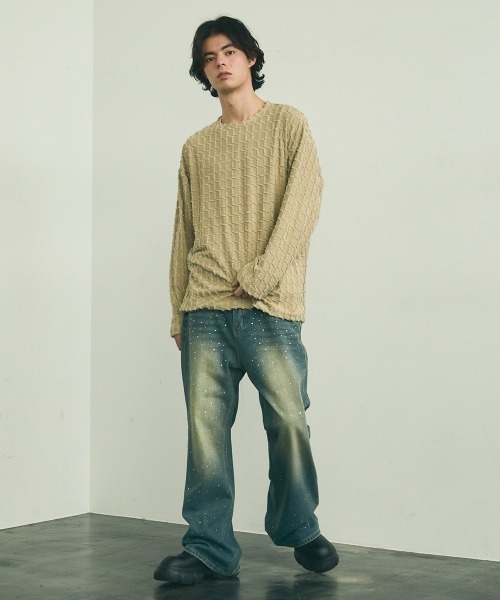 Shoowtime(ショウタイム)の「Block fringe pattern long T-shirt / ブロックフリンジパターンロングTシャツ(Tシャツ/カットソー・メンズ・ブラック/ベージュ/オフホワイト・MEDIUM/LARGE/X-LARGE)」の12枚目の写真