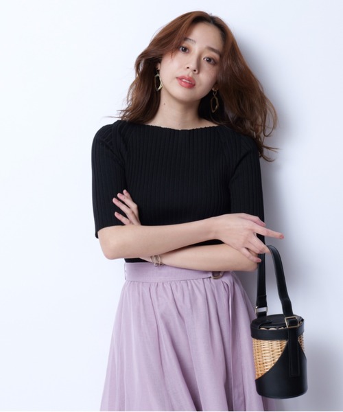 JUSGLITTY レディ５分袖リブニット モカ ジャスグリッティー JUSGLITTY レディ5分袖リブニット （モカ