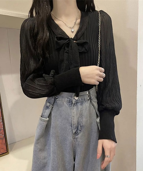 Asterellivi(アステレリビ)の「プリーツ異素材リブニット(シャツ/ブラウス・レディース・ホワイト/ブラック/ベージュ・FREE)」の5枚目の写真