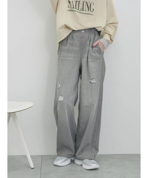 Samansa Mos2 blue(サマンサモスモスブルー)の「【ECO DENIM】ウエストフリルパンツ(その他パンツ・レディース・ブルー/グレー/サックスブルー・F)」の2枚目の写真