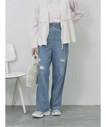 Samansa Mos2 blue | 【ECO DENIM】ウエストフリルパンツ(その他パンツ)