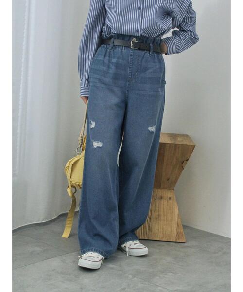 Samansa Mos2 blue(サマンサモスモスブルー)の「【ECO DENIM】ウエストフリルパンツ(その他パンツ・レディース・ブルー/グレー/サックスブルー・F)」の1枚目の写真