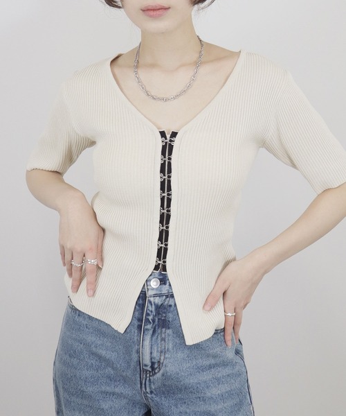 tシャツ フロントホック半袖トップス／front hook half sleeve top リブニット カーディガン シンプル 大人カジュアル 韓国フ フロントホック半袖トップス／front hook half sleeve top