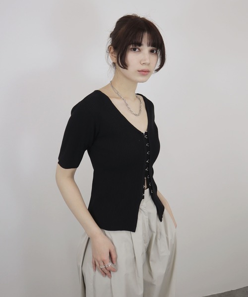 tシャツ フロントホック半袖トップス／front hook half sleeve top リブニット カーディガン シンプル 大人カジュアル 韓国フ セール】フロントホック半袖トップス／front hook half sleeve