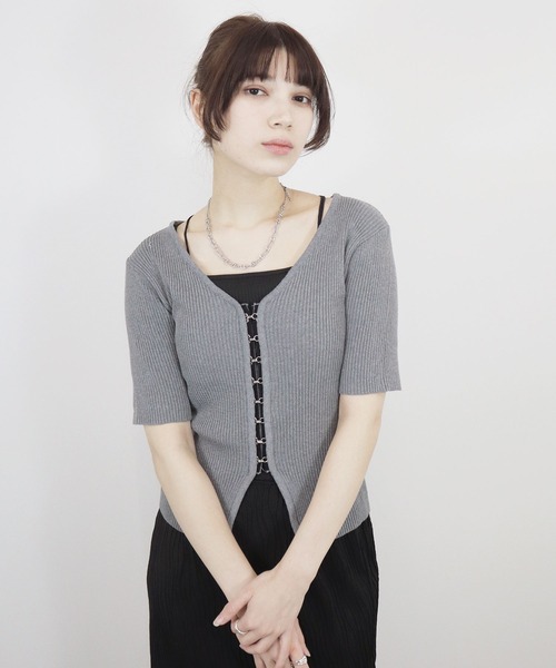 tシャツ フロントホック半袖トップス／front hook half sleeve top リブニット カーディガン シンプル 大人カジュアル 韓国フ セール】フロントホック半袖トップス／front hook half sleeve