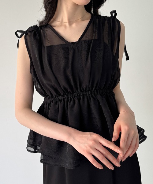junoah(ジュノア)の「肩リボンシアーベスト + キャミワンピース set(薄手、裏地なし)(ワンピース・レディース・ブラック/ブラウン系その他/ライトベージュ・SMALL/MEDIUM/LARGE)」の8枚目の写真