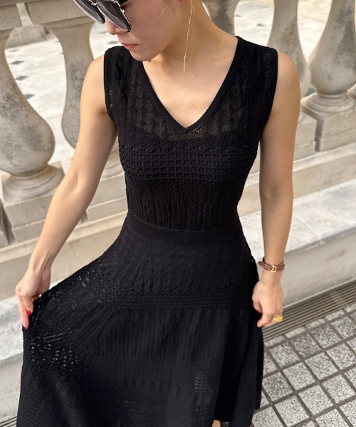 JENNE（ジェンヌ）の「レース風フィットフレアニットドレス（ワンピース・レディース・ネイビー/ブラック・MEDIUM/SMALL/LARGE）」の3枚目の写真