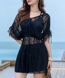 TeddyShop（テディショップ）の「レディース水着 長袖シースルー編みリボントップス+ビスチェ風バッククロスビキニ 3点セット [大きいサイズ有]（水着）」