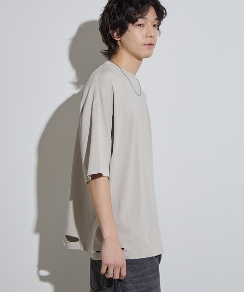 SLICK(スリック)の「【SLICK/スリック】Pigment Dye Damage T-Shirt / ピグメントダイダメージTシャツ/オーバーサイズ シルエット / ピグメント加工/ ビンテージ(Tシャツ/カットソー・メンズ・グレイッシュベージュ/ブルーグレー/ブラック・1/2/3)」の14枚目の写真