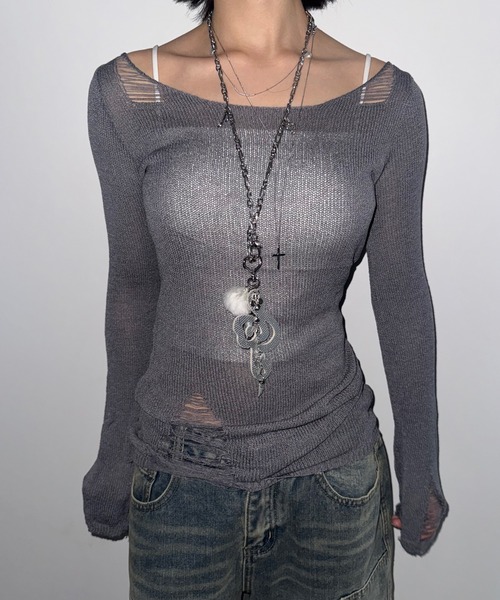 HALEY PESCA(ヘーリーペスカ)の「HALEY PESCA/2way シースルー ダメージニット(ニット/セーター・レディース・グレー/ホワイト・FREE)」の1枚目の写真