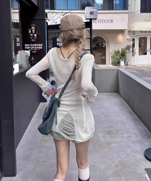 HALEY PESCA(ヘーリーペスカ)の「HALEY PESCA/2way シースルー ダメージニット(ニット/セーター・レディース・グレー/ホワイト・FREE)」の9枚目の写真