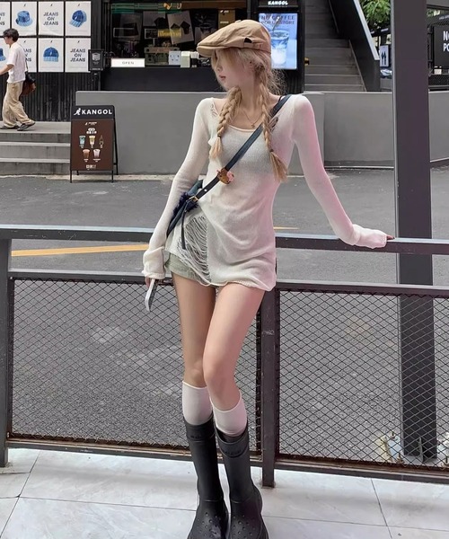 HALEY PESCA(ヘーリーペスカ)の「HALEY PESCA/2way シースルー ダメージニット(ニット/セーター・レディース・グレー/ホワイト・FREE)」の10枚目の写真